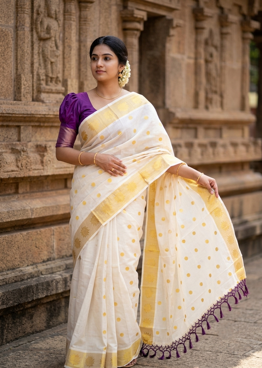 Southloom Kerala Cotton Kasavu Saree with Polka Woven Works on Body and Lotus Border with Purple Tassels SL513