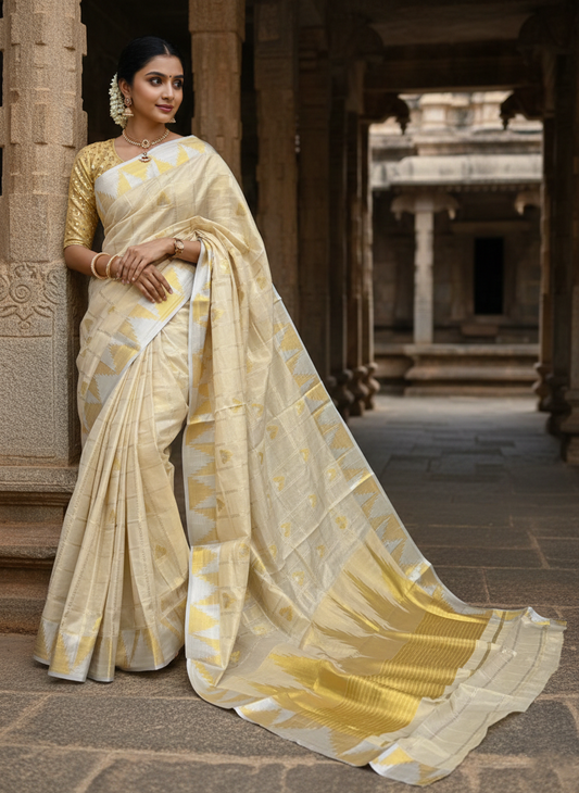 Southloom Kerala Tissue Kasavu Check Saree with Temple Border