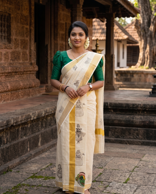 Southloom Kerala Cotton Set Mundu (Mundum Neriyathum) with Kadhakali Printed Design SL494