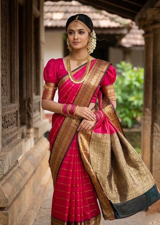 Southloom Pure Handloom Bridal Kanchipuram Silk Saree with Korvai Work (Pink & Dark Green)