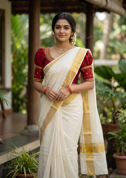 Southloom Kerala Cotton Kasavu Saree with Lines on Border