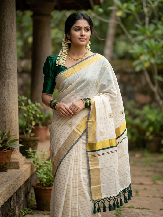 Kerala Cotton Kasavu Stripes Saree with Green Floral Embroidery Design on Body