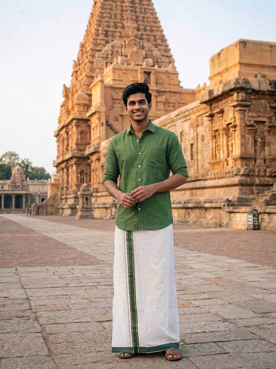 Southloom Pure Cotton Mundu with Gold Lines and Green Border (South Indian Kerala Dhoti)