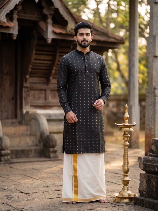 Southloom Black Woven Semi Silk Short Kurta for Men SL590
