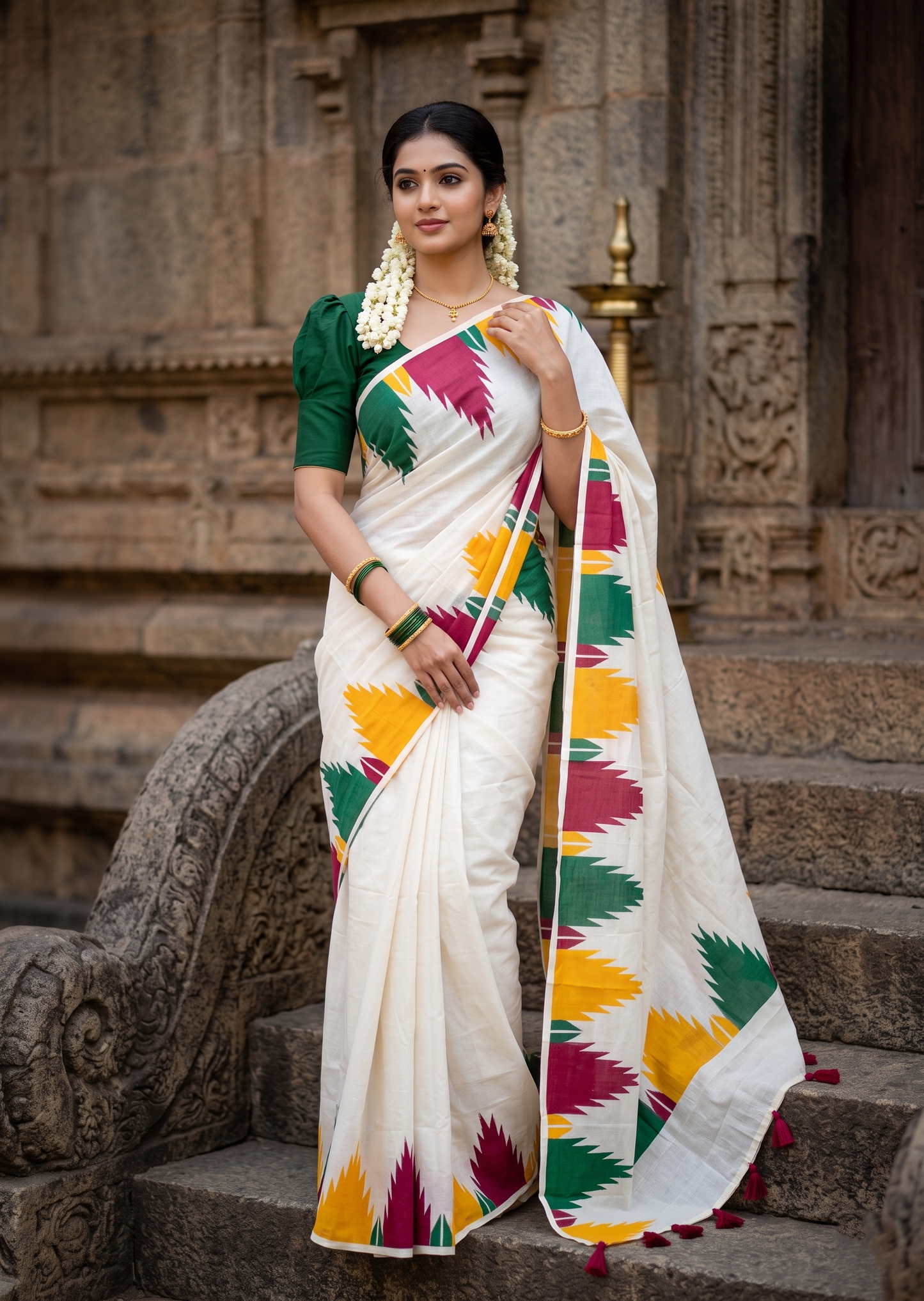Southloom Kerala Pure Cotton Saree with Temple Design on Body and Borders SL502