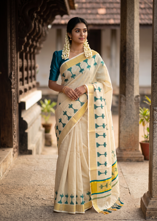 Southloom Kerala Tissue Saree with Nilavilakku Digital Print Design in Peacock Blue SL568