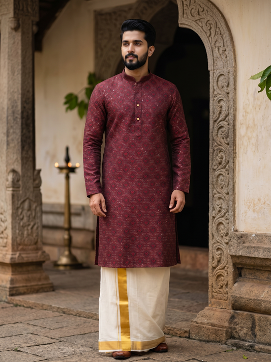 Southloom Maroon Woven Semi Silk Short Kurta for Men SL590