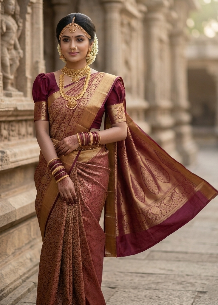 Southloom Pure Handloom Bridal Kanchipuram Silk Saree with Korvai Work (Maroon)