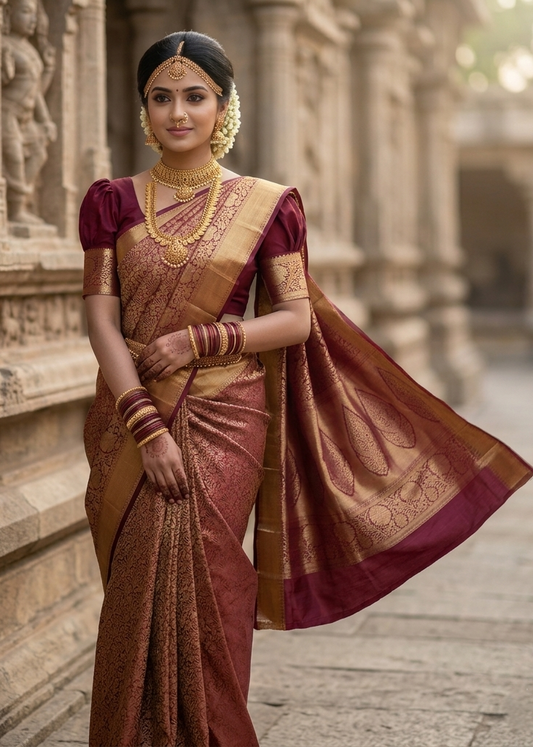 Southloom Pure Handloom Bridal Kanchipuram Silk Saree with Korvai Work (Maroon)