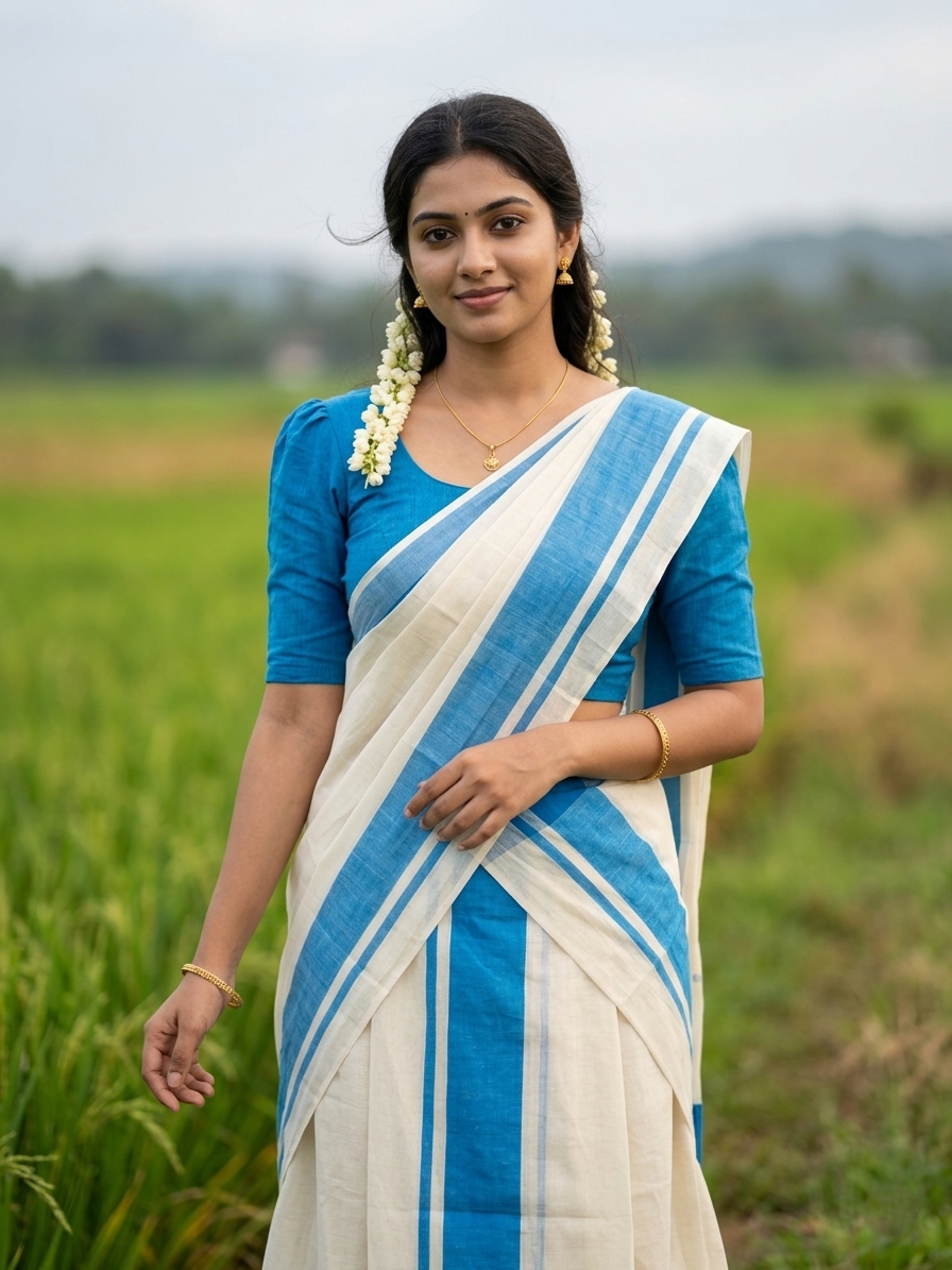 Southloom Pure Cotton Kerala Single Mulloth Set Mundu (Mundum Neriyathum) Blue Border in 2.80 mtrs SL243