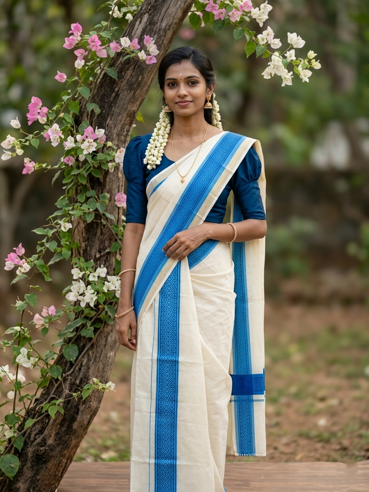Kerala Cotton Single Set Mundu (Mundum Neriyathum) with Blue Block print Border 2.80Mtrs