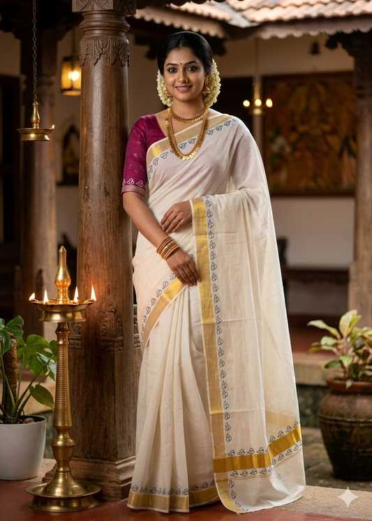Kerala Cotton Saree with Green Print SL218