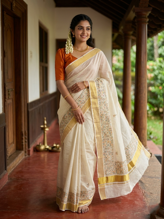 Southloom Cotton Kerala Kasavu Lines Saree with Kantha Embroidery Work on Body SL322