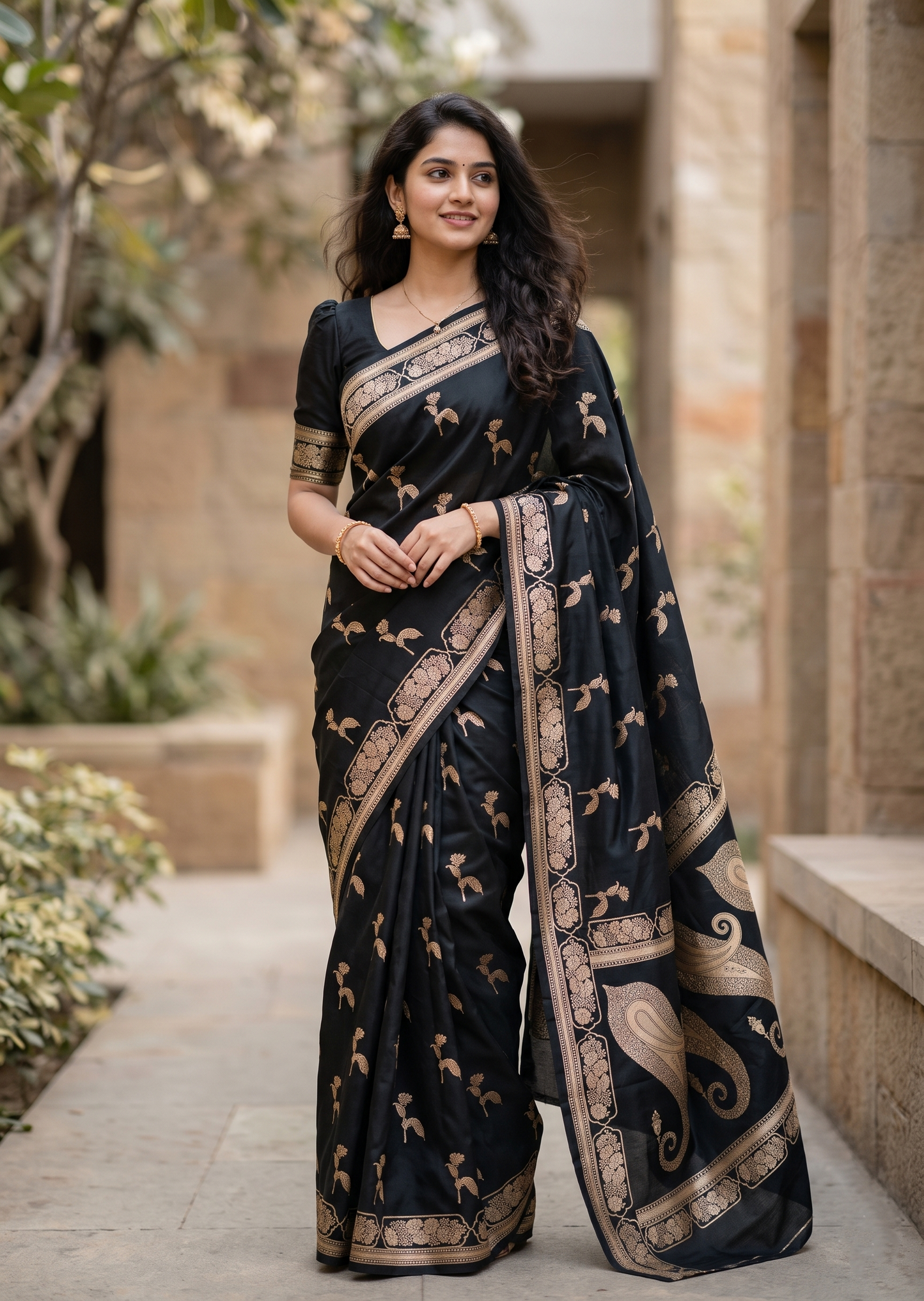 Southloom Satin Banarasi Silk Saree with Woven Work on Body And Borders In Black