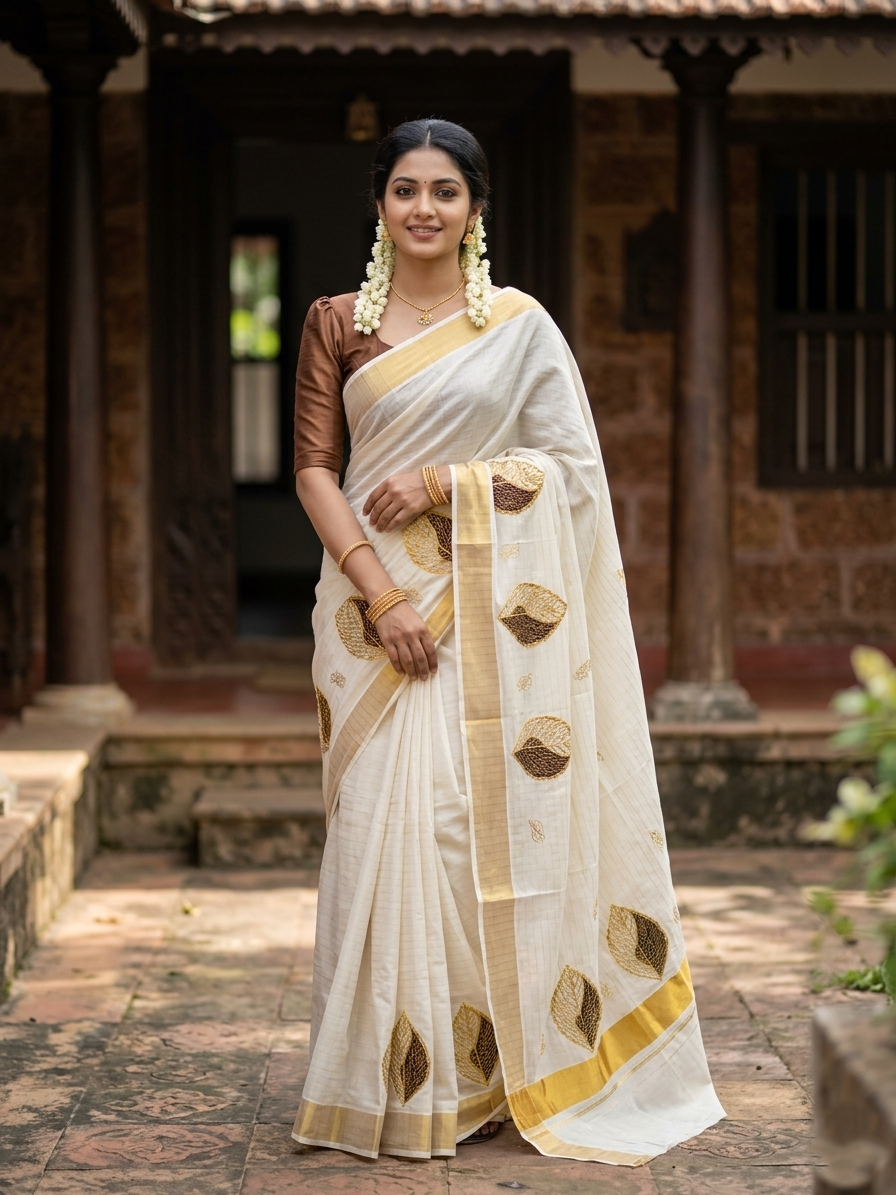 Southloom Kasavu Lines Saree with High Quality Embroidery Work in Kasavu and Brown