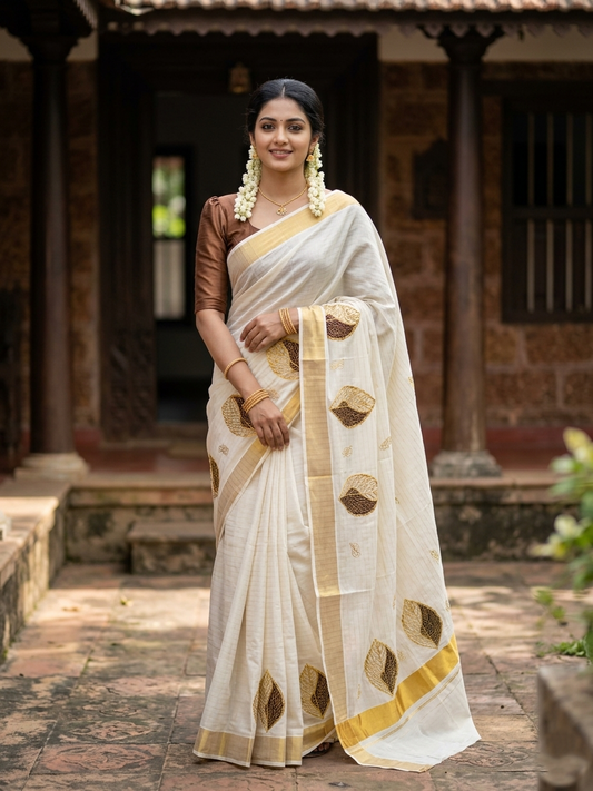 Southloom Kasavu Lines Saree with High Quality Embroidery Work in Kasavu and Brown