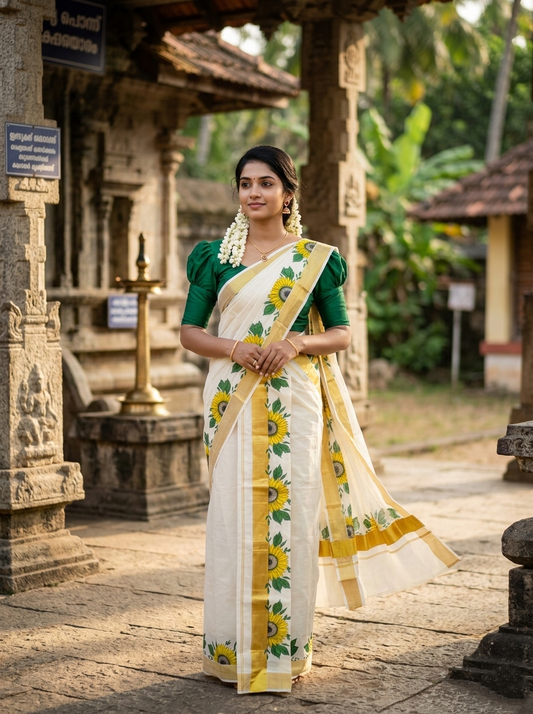 Southloom Kerala Cotton  Set Mundu (Mundum Neriyathum) with  Floral Block Printed Design