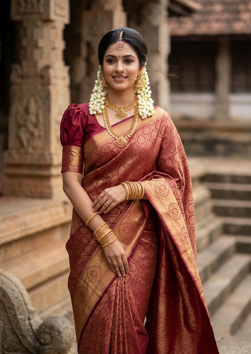 Southloom Pure Handloom Bridal Kanchipuram Silk Saree with Korvai Work (Maroon)