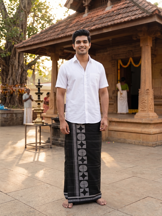 Southloom Black Printed Single Mundu / Otta Mundu / Lungi (South Indian Kerala Dhoti)