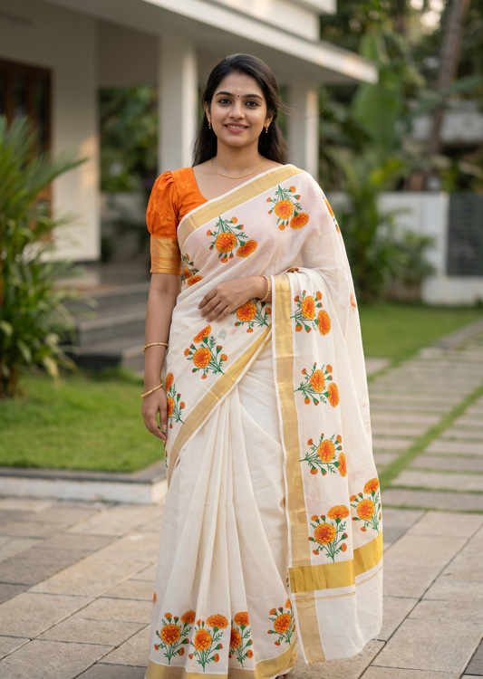 Southloom Kerala Cotton Plain Saree with Floral Printed Works on Border