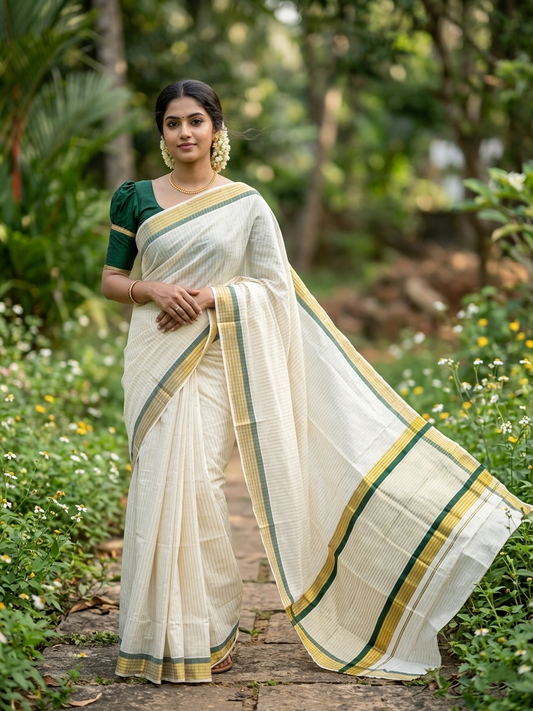 Southloom Kerala Pure Cotton Saree with Stripes on Body and Borders in Green