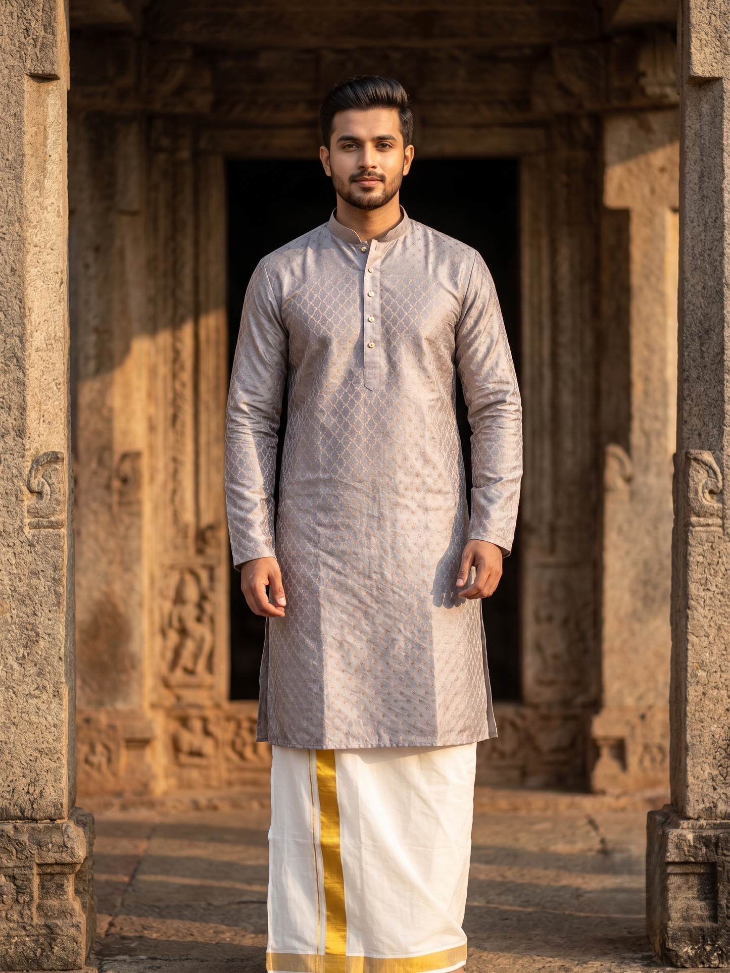Southloom Grey Woven Patterns Semi Silk Long Kurta for Men SL591