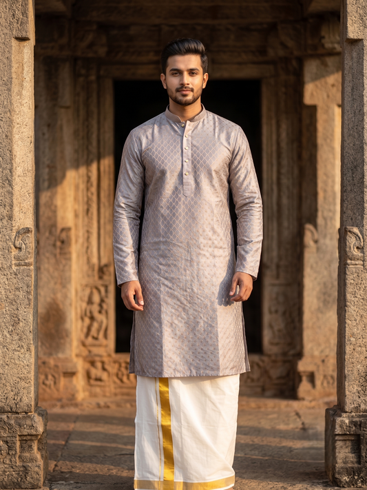 Southloom Grey Woven Patterns Semi Silk Long Kurta for Men SL591