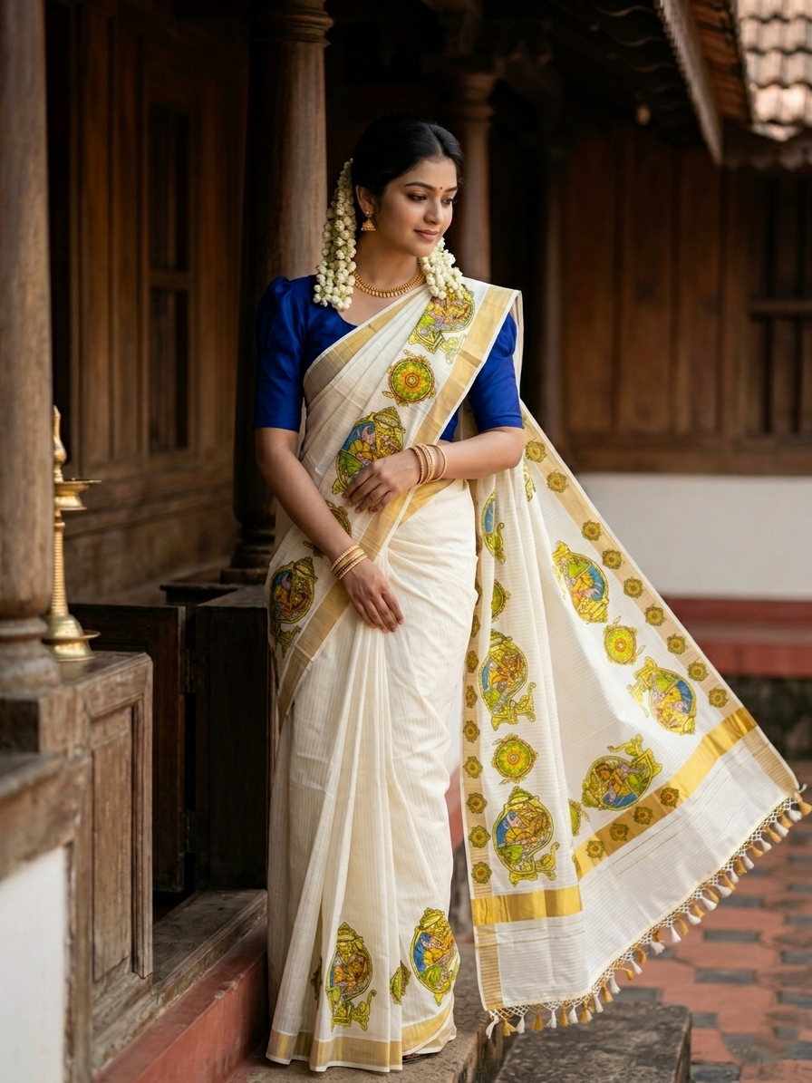 Pure Cotton Kerala Kasavu Saree with Krishna Mural Printed Art Design and Printed Border