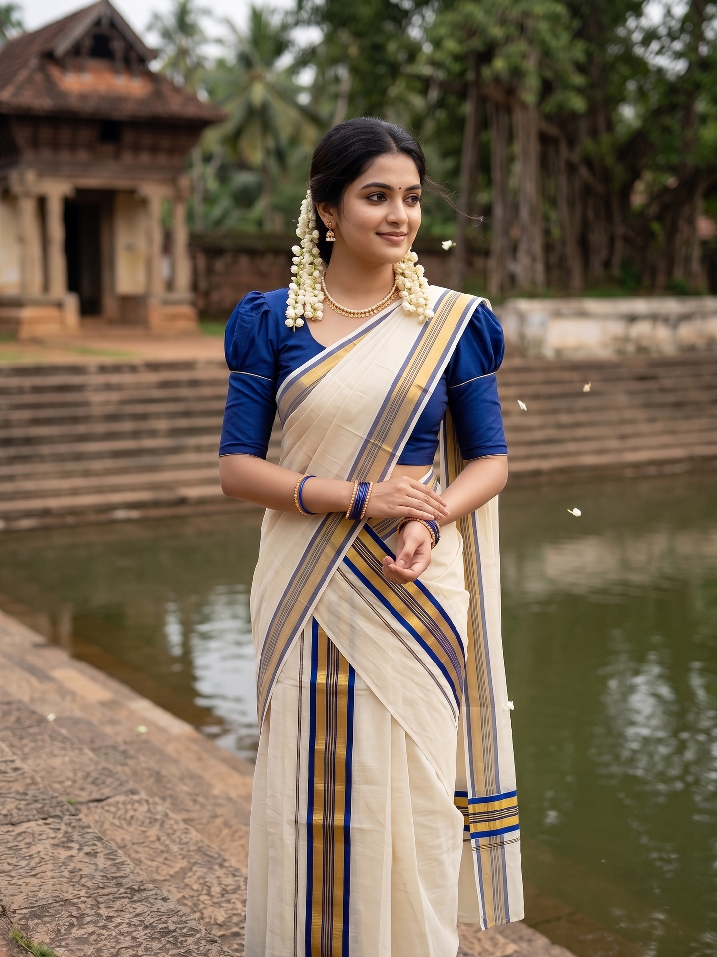 Southloom Pure Cotton Kerala  Set Mundu (Mundum Neriyathum) Single with Blue and Kasavu Border 2.80 Mtrs SLKK SL522