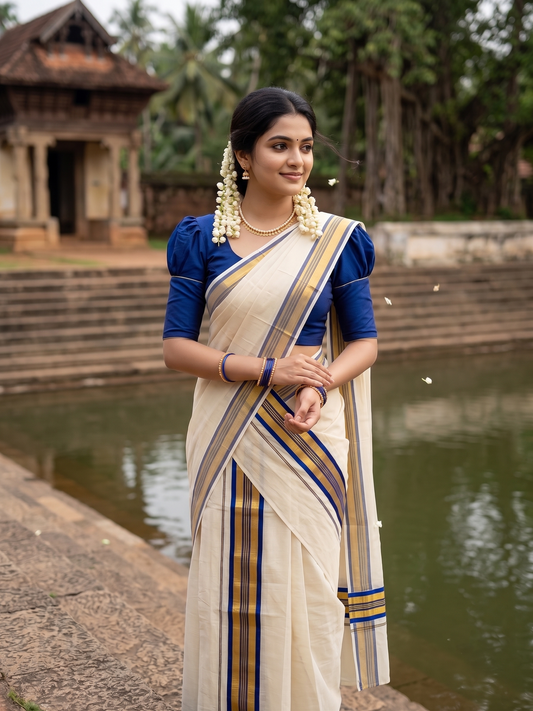 Southloom Pure Cotton Kerala Set Mundu (Mundum Neriyathum) Single with Blue and Kasavu Border 2.80 Mtrs SLKK SL522