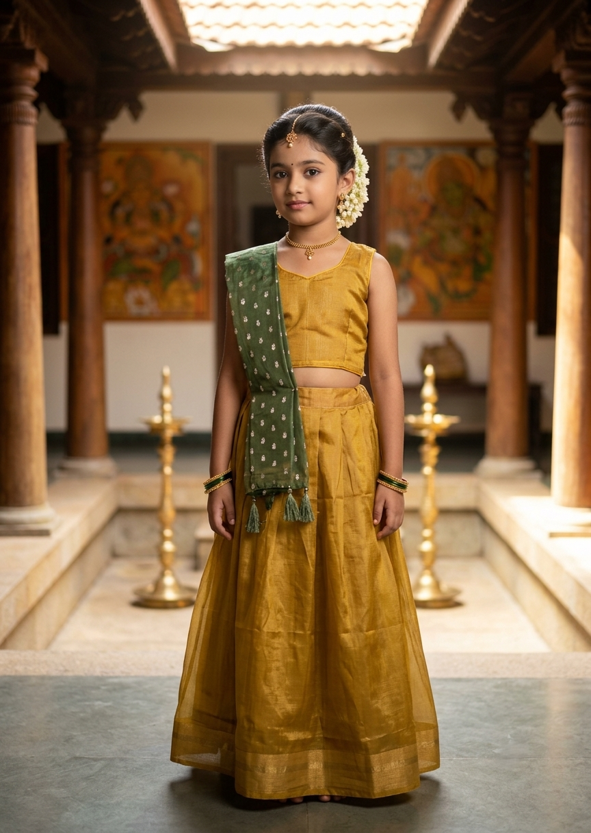 Southloom Stitched Organza Dhavani Set with Pavada and Blouse Piece in Mustard Yellow SL595