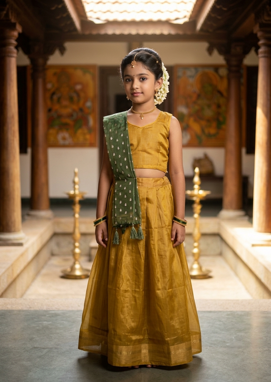 Southloom Stitched Organza Dhavani Set with Pavada and Blouse Piece in Mustard Yellow SL595