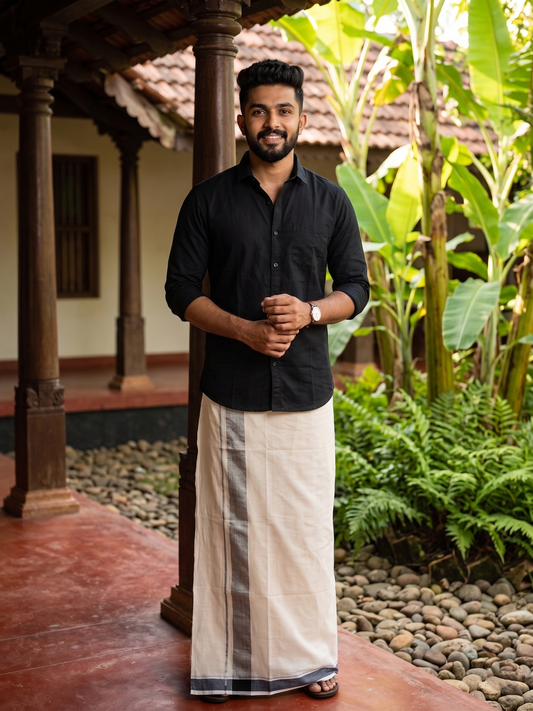 Southloom Kerala Pure Cotton Double Mundu with Black Border (South Indian Kerala Dhoti)