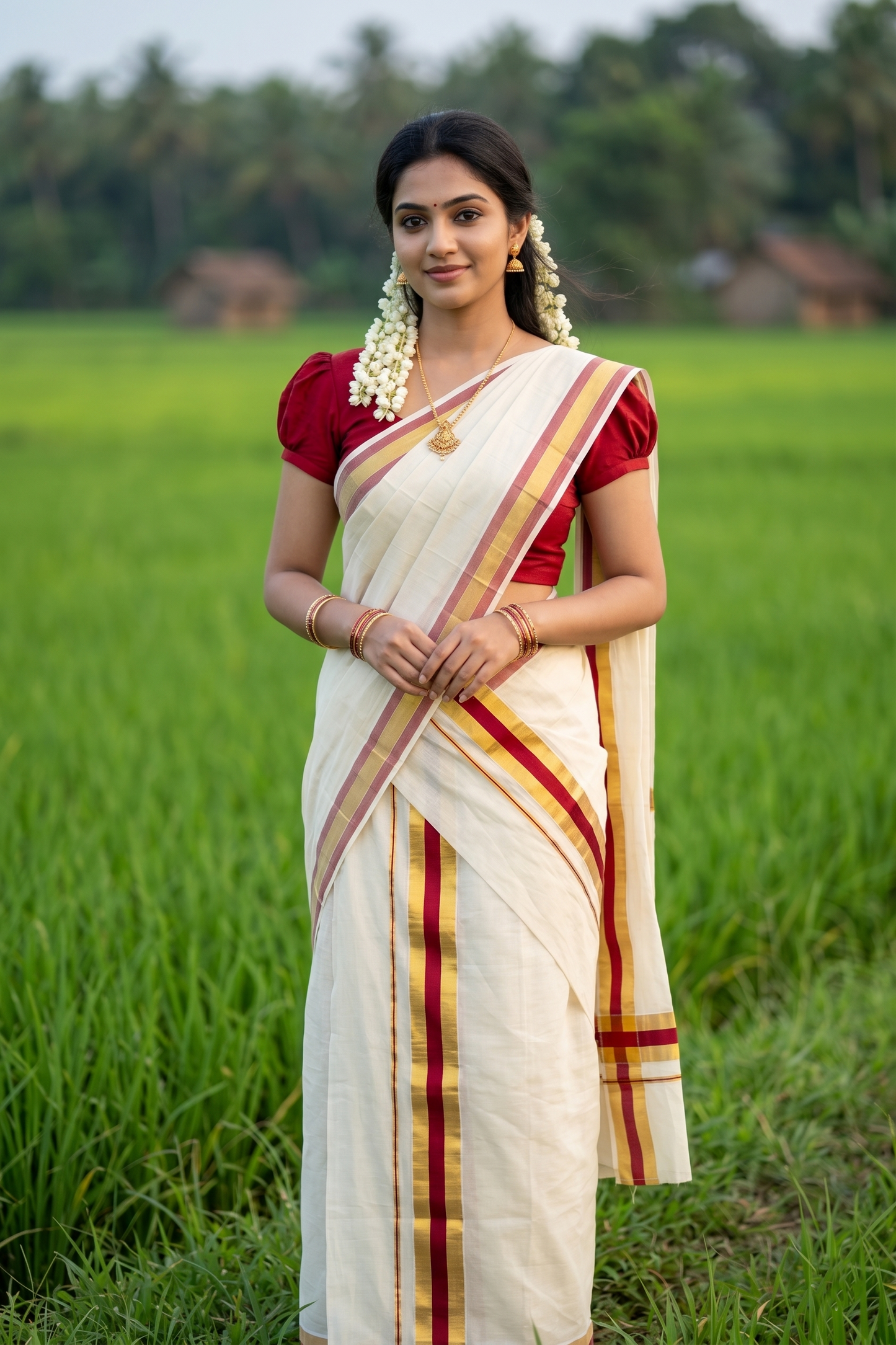 Southloom Kerala Cotton Mundum Neriyathum Single (Set Mundu) with Red and Kasavu Border 2.80 Mtrs SLKK