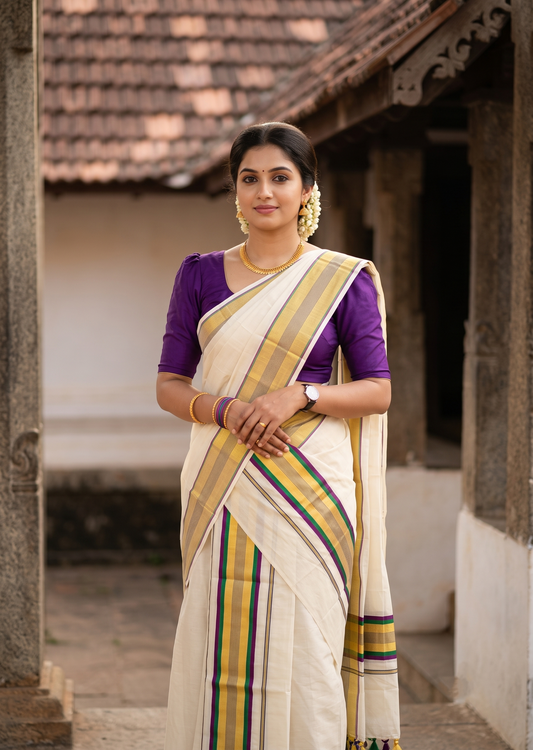 Southloom Kerala Cotton Kasavu Single Set Mundu (Mundum Neriyathum) with Purple and Green Border SLKK SL526