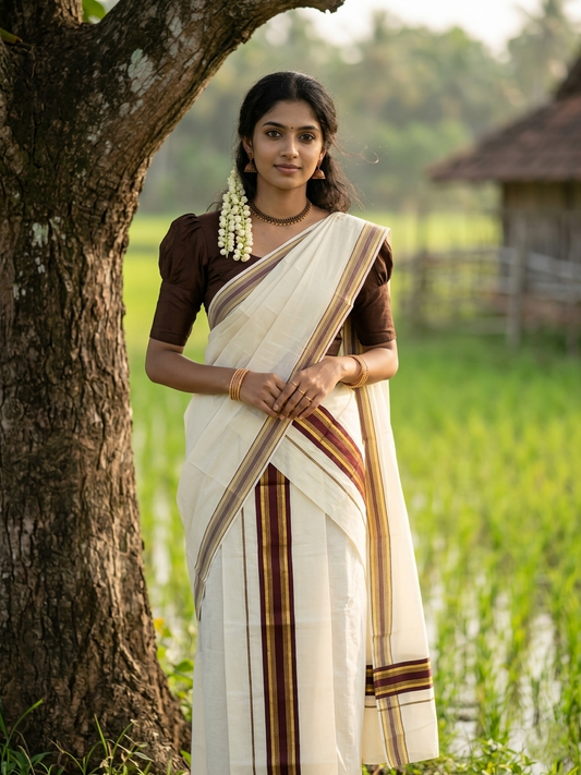 Kerala Cotton Set Mundu (Mundum Neriyathum) with Kasavu and Brown Border