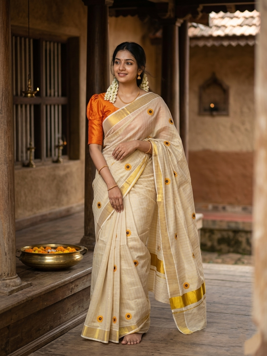 Kerala Tissue Kasavu Lines Saree with Flower Floral Embroidery Works