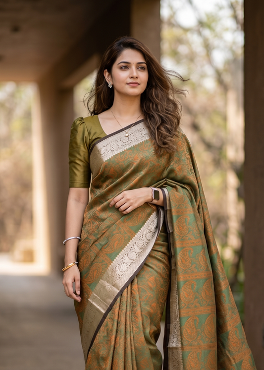 Southloom Resham Work Soft Cotton Banarasi Saree with Woven Work on Body and Borders