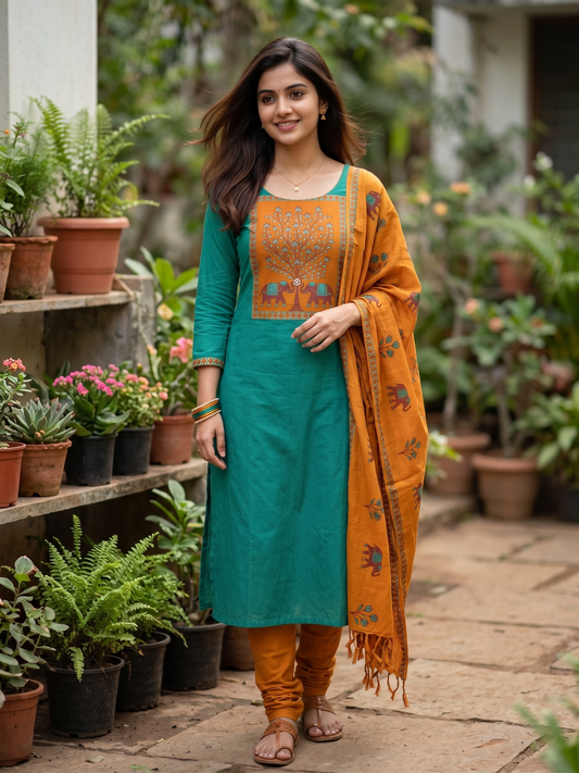 Southloom™ Cotton  3 Piece Green Salwar Material with Woven  Work