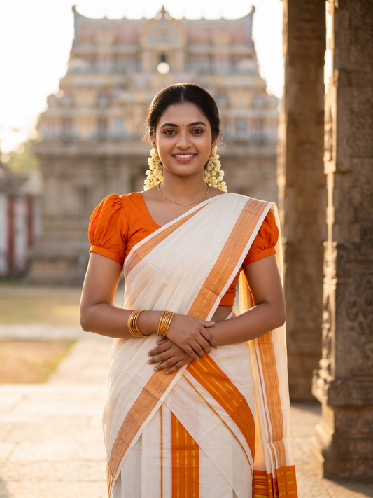 Southloom Kerala Cotton Single Set Mundu (Mundum Neriyathum) with Kasavu In Orange With Tussles SLKK SL518