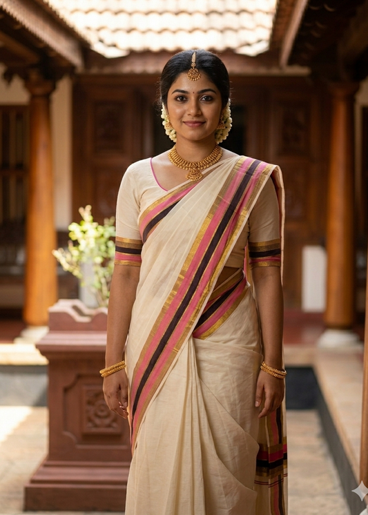 Kerala Cotton Kasavu Saree With Pink and Purple Border SL443