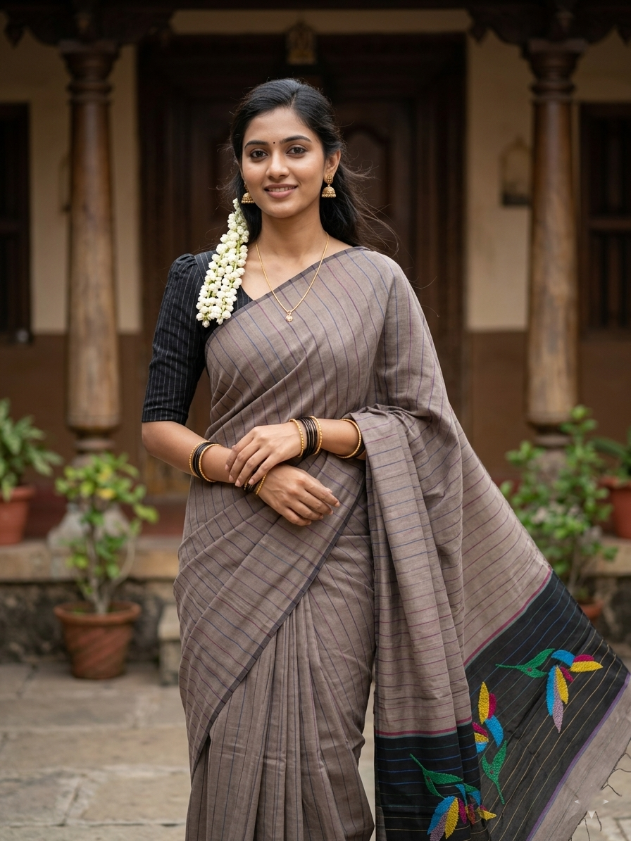 Southloom Kerala Cotton Saree with Lines on Body in Grey