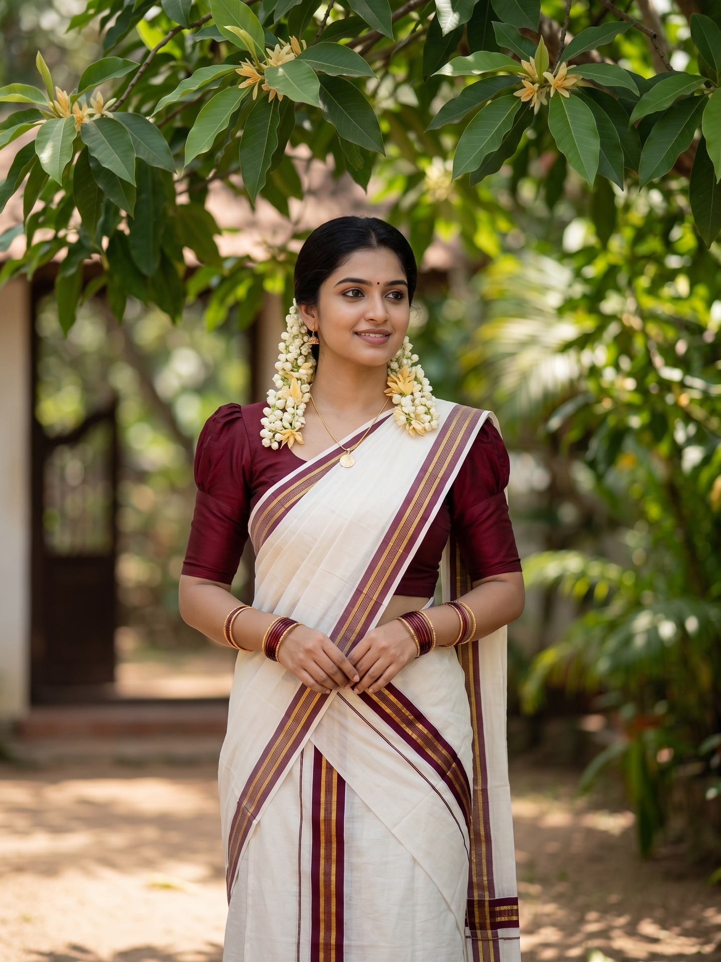 Southloom Kerala Cotton Single Set Mundu (Mundum Neriyathum) with Kasavu and Maroon Border  SLKK SL470