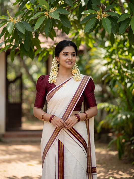 Southloom Kerala Cotton Single Set Mundu (Mundum Neriyathum) with Kasavu and Maroon Border  SLKK SL470