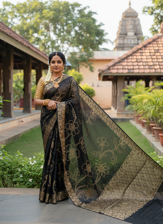 Southloom Kerala Cotton Saree with Floral Woven Works Across Body in Black