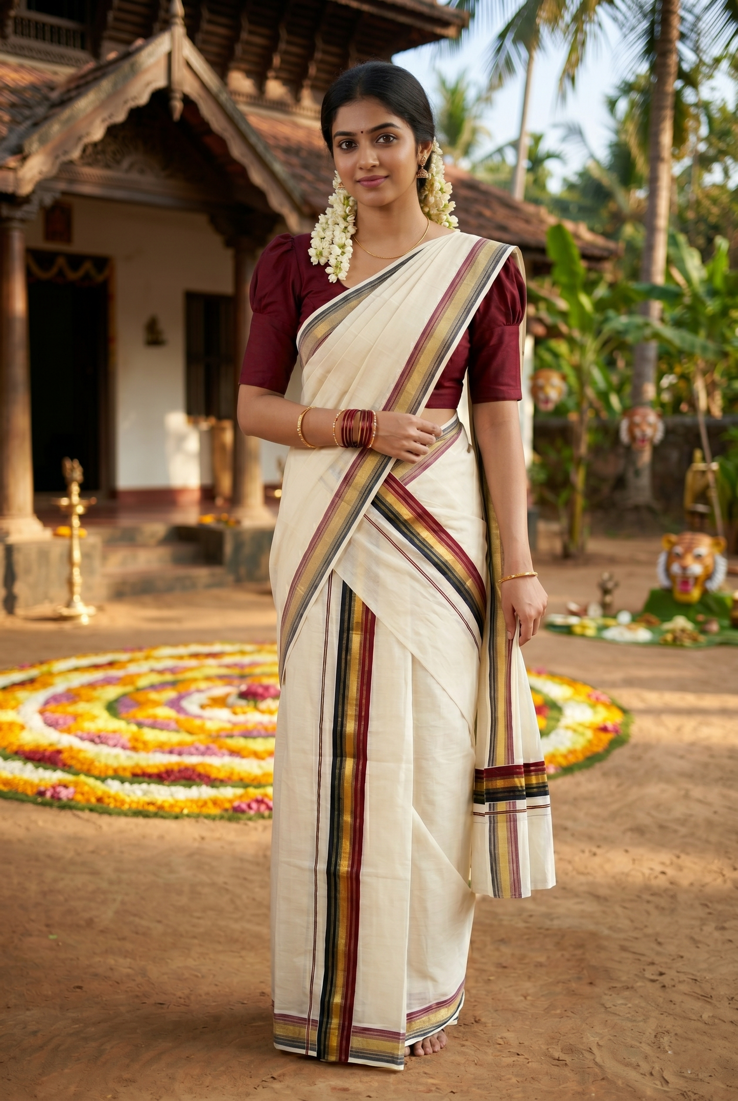 Southloom Kerala Cotton Kasavu Single Set Mundu (Mundum Neriyathum) with Black and Maroon Kasavu Border SLKK SL480
