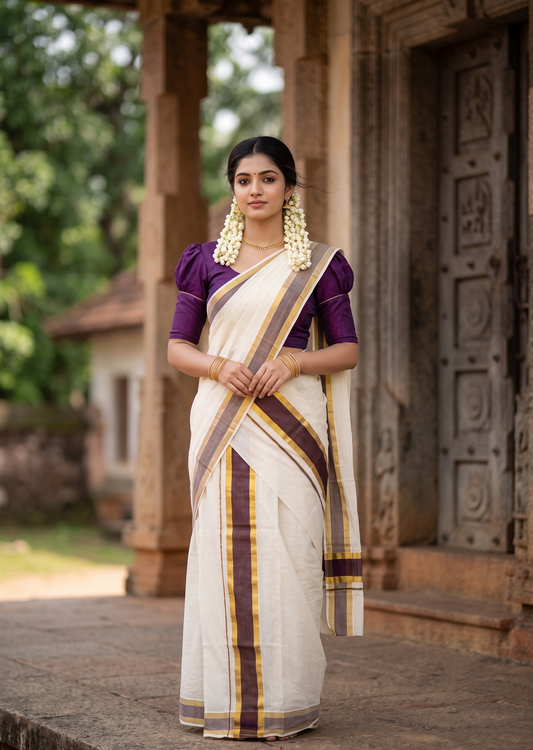 Southloom Pure Cotton Kerala Single Set Mundu (Mundum Neriyathum) with Purple and Kasavu Border 2.80 Mtrs SLKK