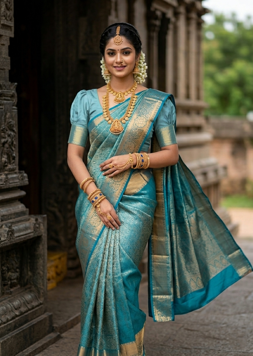 Southloom Pure Handloom Bridal Kanchipuram Silk Saree with Korvai Work (Blue)