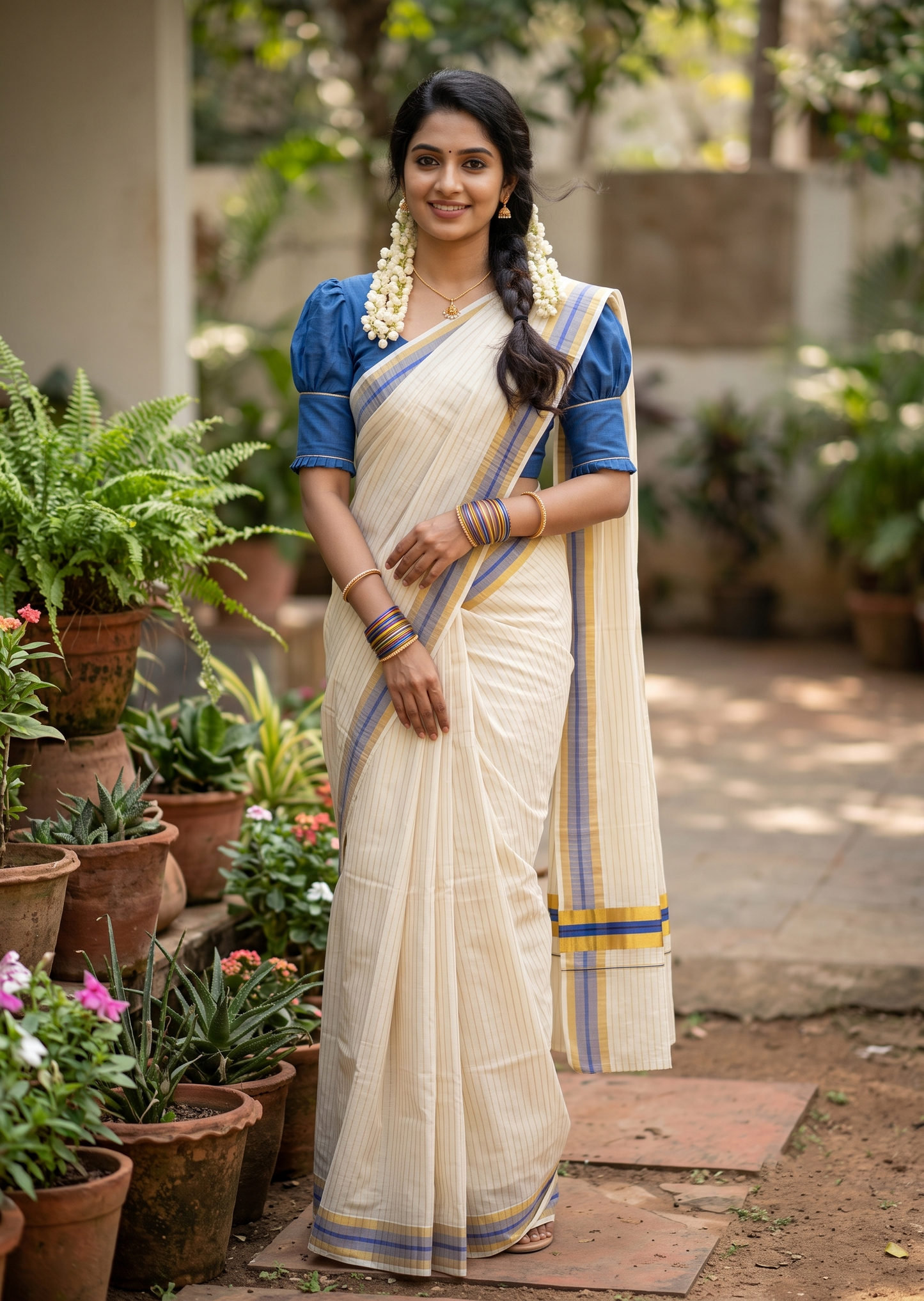 Southloom Pure Cotton Kerala Kasavu Lines Design Saree with Blue Border