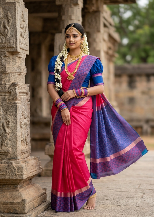 Southloom Pure Handloom Bridal Kanchipuram Silk Saree with Korvai Work (Red & Blue)